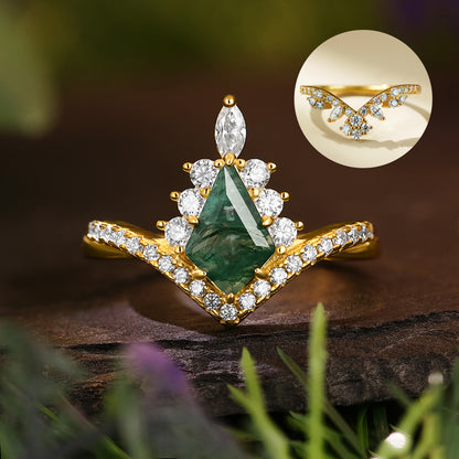[Buy 1 Get 1 Free]6*9mm Kite Cut Moss Agate Halo Unique Engagement Ring Art Deco Curved Twisted Wedding Ring  Bridal Set