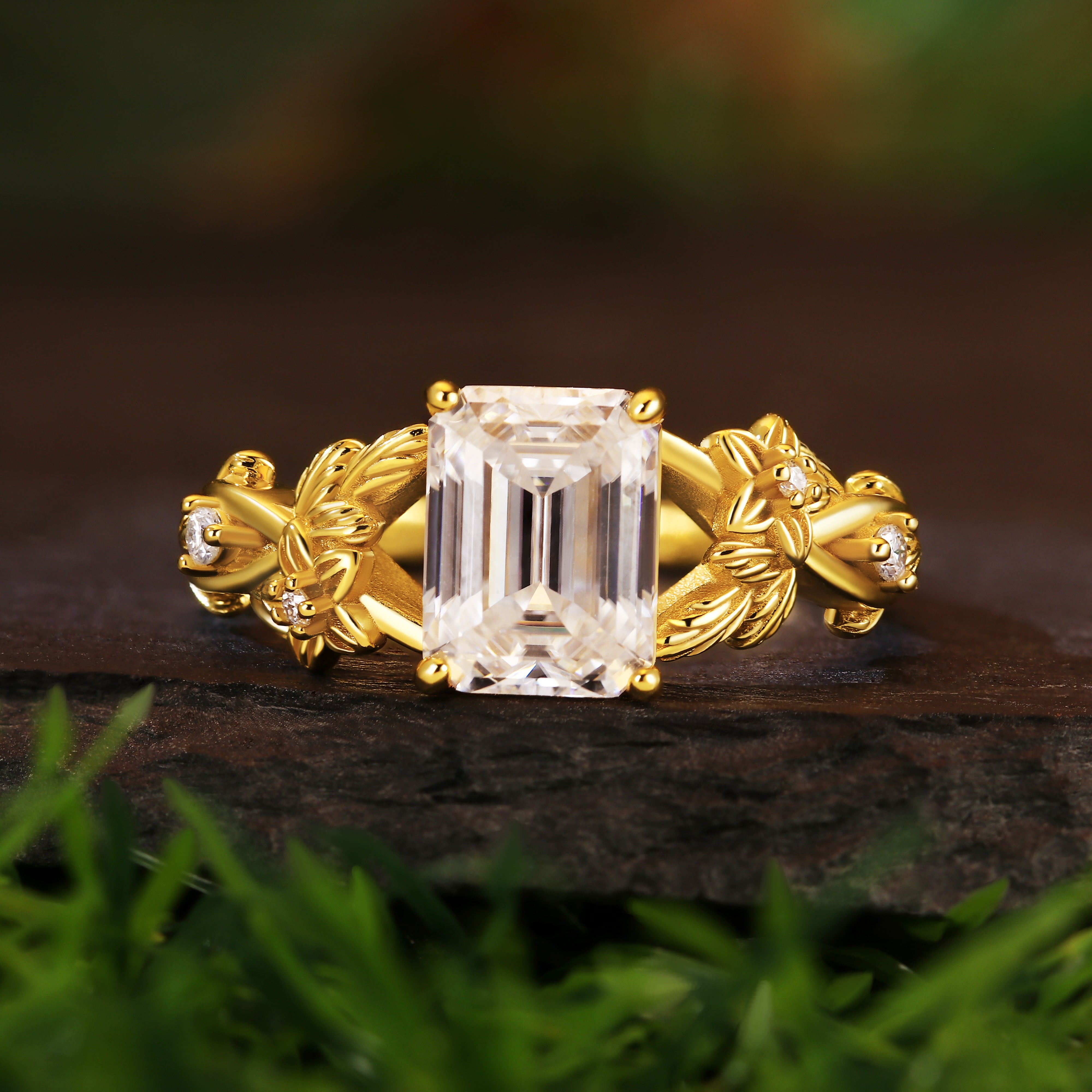 Vintage-Inspired 1.83ct Emerald Cut Moissanite Leaf Engagement Ring