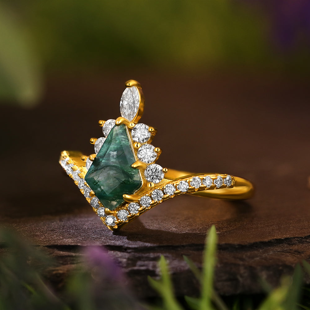 6*9mm Kite Cut Moss Agate Halo Unique Engagement Ring Art Deco Curved Engagement Ring