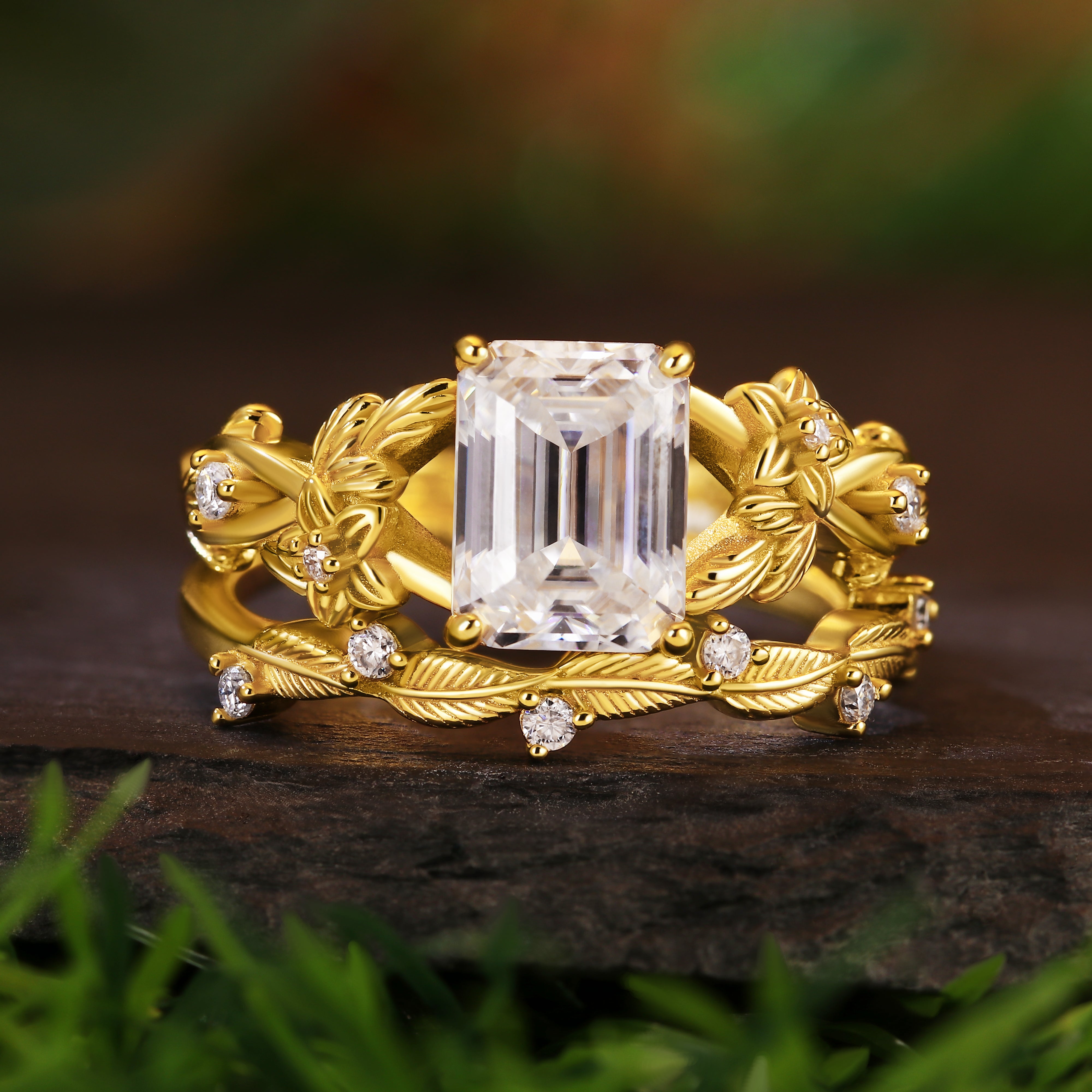 Unique Vintage 1.91ct Emerald Cut Moissanite Leaf Bridal Ring Set