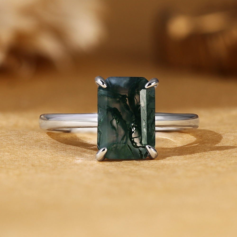 Natural Emerald Cut Moss Agate Solitaire Engagement Ring