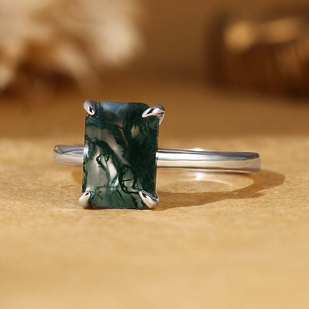 Natural Emerald Cut Moss Agate Solitaire Engagement Ring