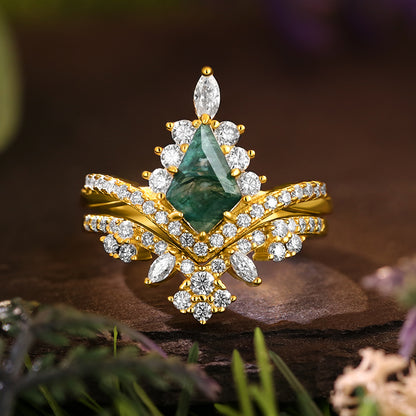 6*9mm Kite Cut Moss Agate Halo Unique Engagement Ring Art Deco Curved Twisted Wedding Ring  Bridal Set