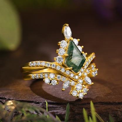 6*9mm Kite Cut Moss Agate Halo Unique Engagement Ring Art Deco Curved Twisted Wedding Ring  Bridal Set