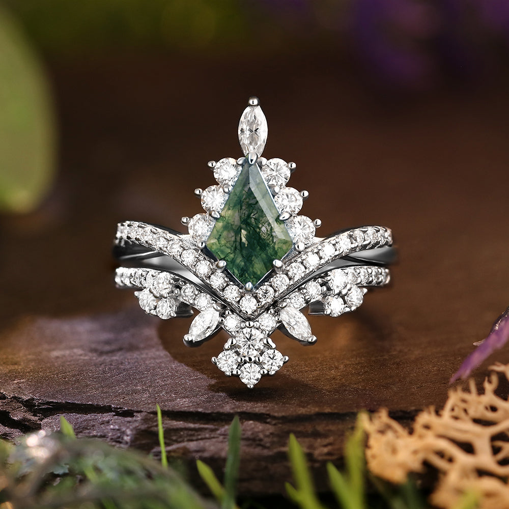 6*9mm Kite Cut Moss Agate Halo Unique Engagement Ring Art Deco Curved Twisted Wedding Ring  Bridal Set