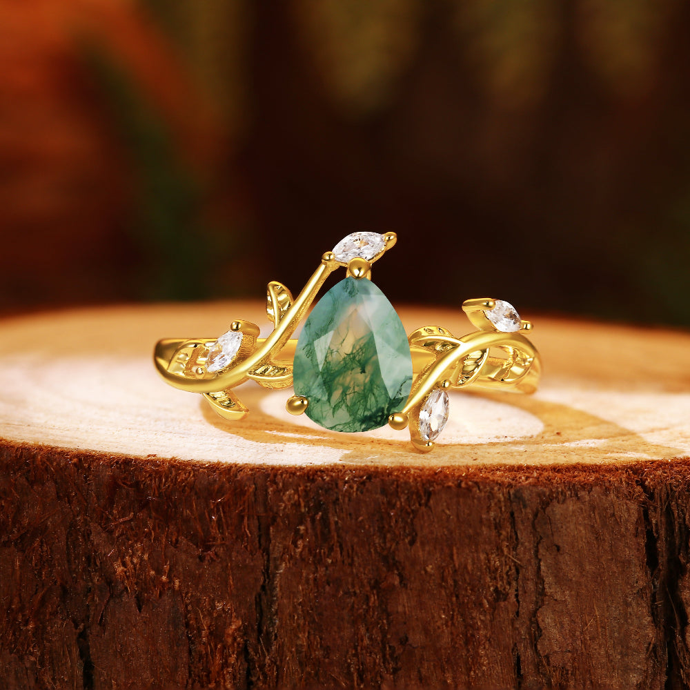 Nature Inspired Vine & Leaf 6x8mm Pear Cut Moss Agate Engagement Ring
