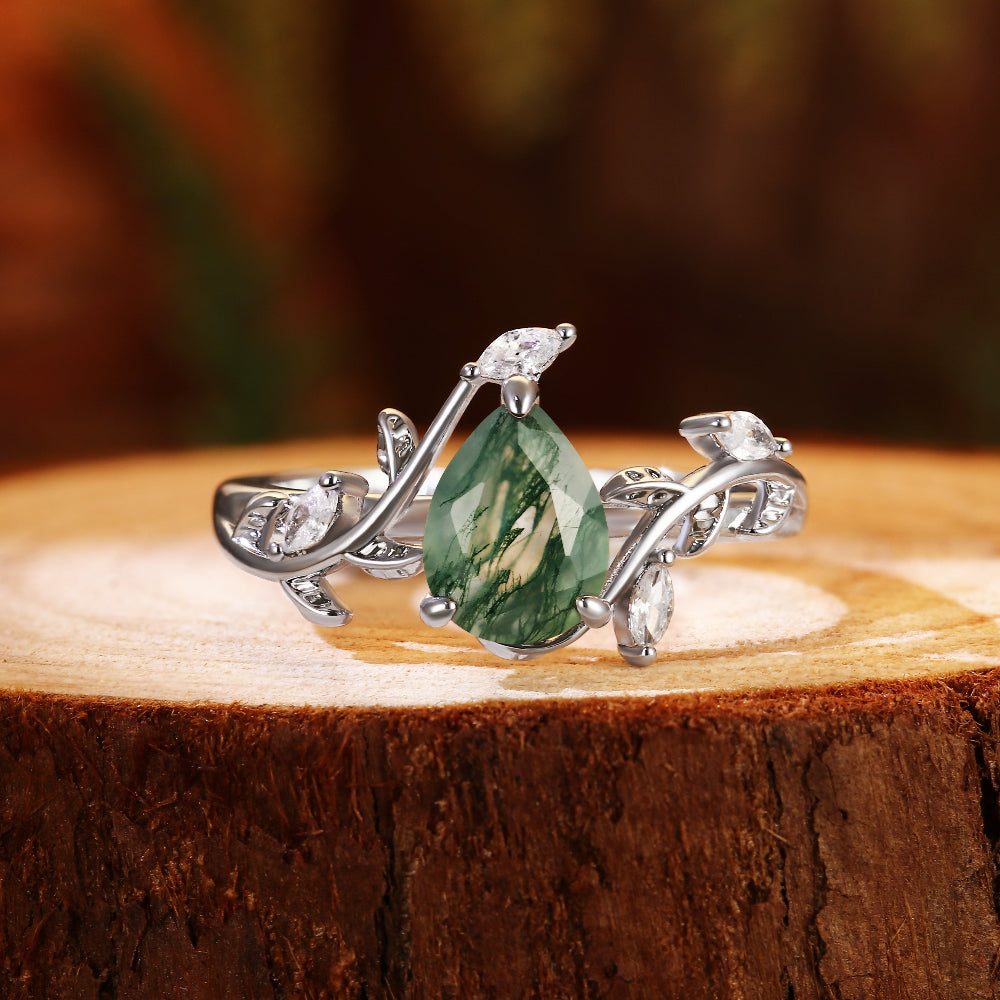 Nature Inspired Vine & Leaf 6x8mm Pear Cut Moss Agate Engagement Ring
