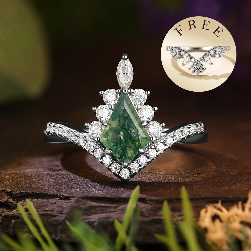 [Buy 1 Get 1 Free]6*9mm Kite Cut Moss Agate Halo Unique Engagement Ring Art Deco Curved Twisted Wedding Ring  Bridal Set