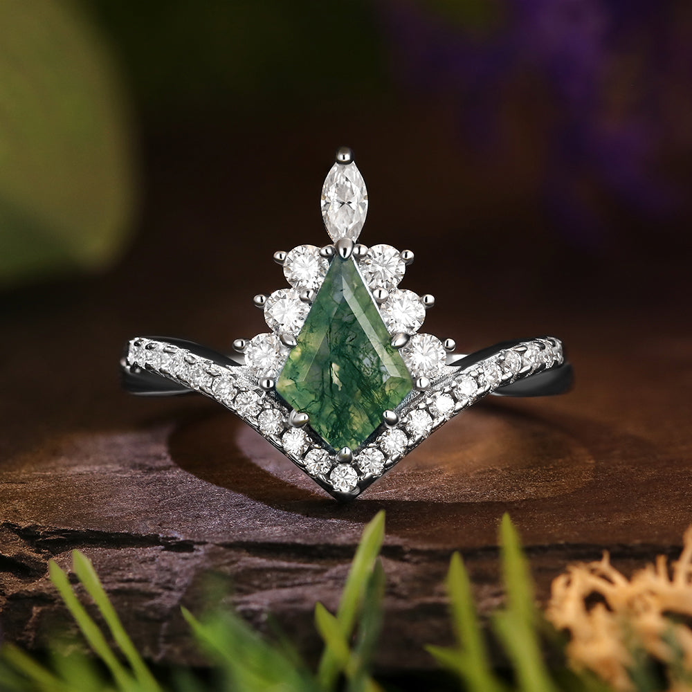 6*9mm Kite Cut Moss Agate Halo Unique Engagement Ring Art Deco Curved Engagement Ring