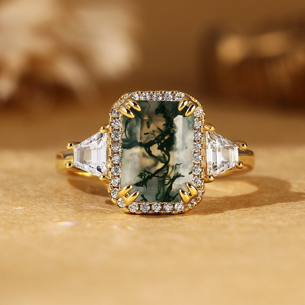 Emerald Cut Moss Agate Engagement Ring with Trillion Side Stones and Pave Halo