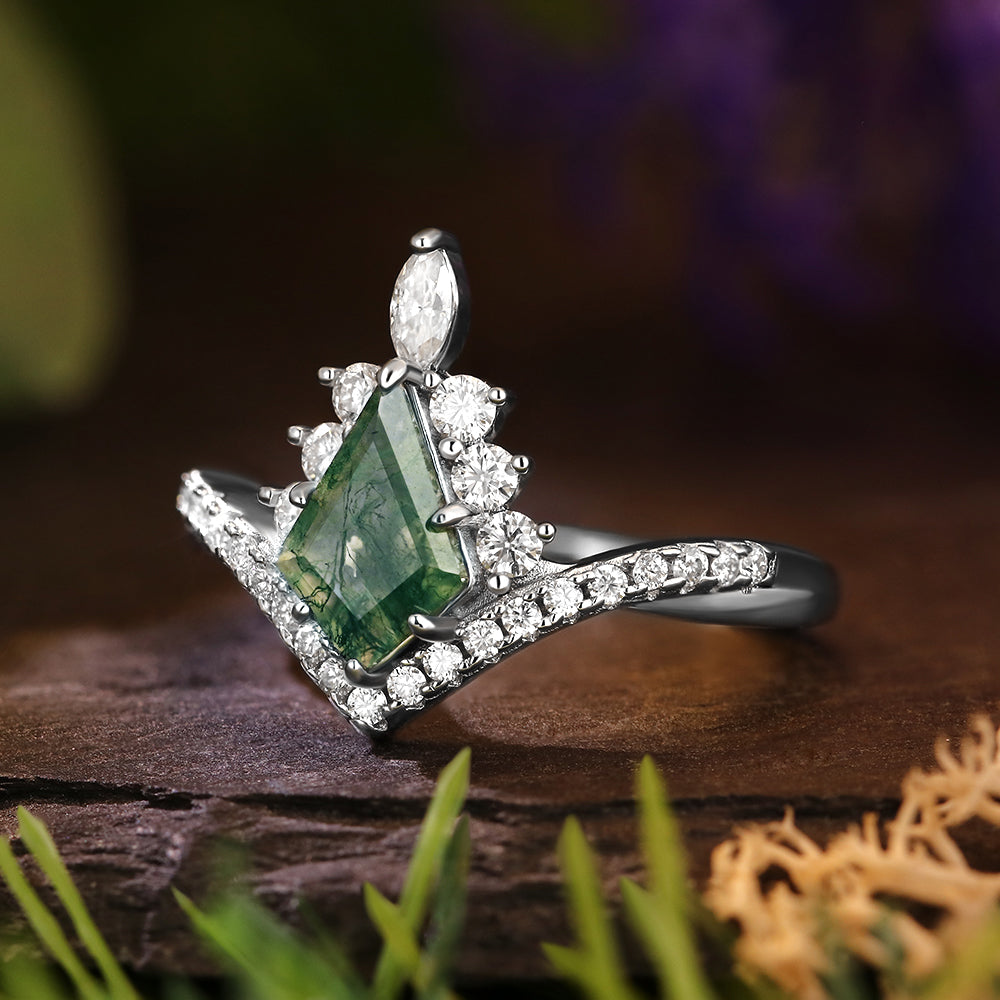 6*9mm Kite Cut Moss Agate Halo Unique Engagement Ring Art Deco Curved Engagement Ring
