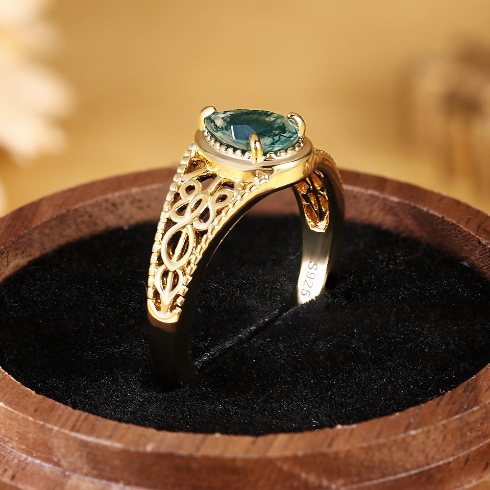Vintage Pear Cut Moss Agate Filigree Hollow Scrollwork Engagement Ring