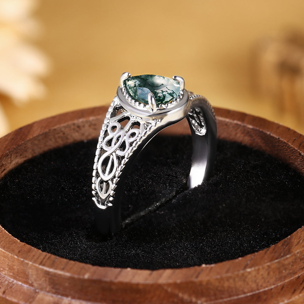 Vintage Pear Cut Moss Agate Filigree Hollow Scrollwork Engagement Ring