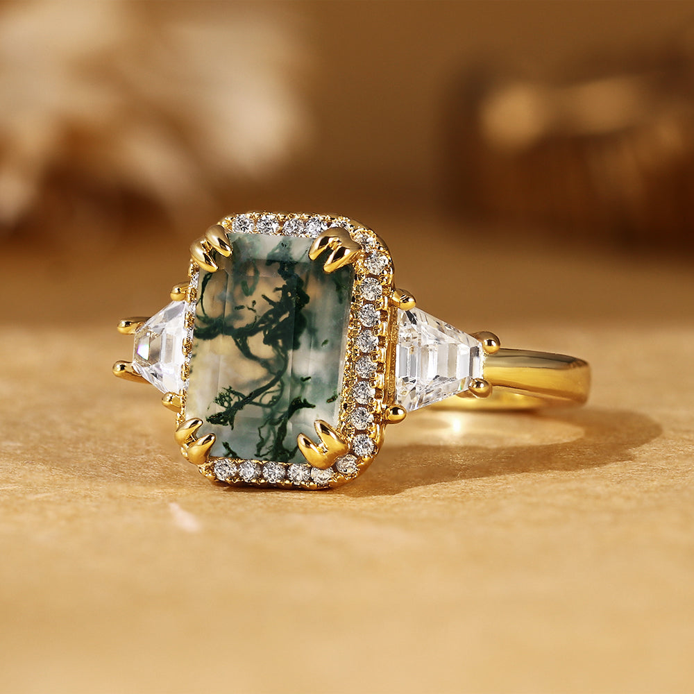 Emerald Cut Moss Agate Engagement Ring with Trillion Side Stones and Pave Halo