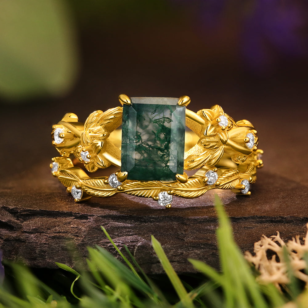 6*8mm Vintage Emerald Cut Moss Agate  Leaf Flower Nature Inspired Unique Twisted Ring Leaf Band Bridal Set