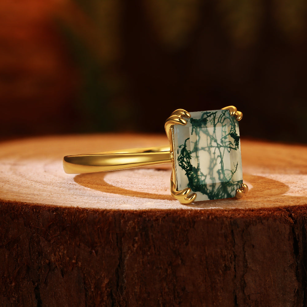8x10mm Emerald Cut Moss Agate Unique Nature Inspired Branch Prongs Engagement Ring