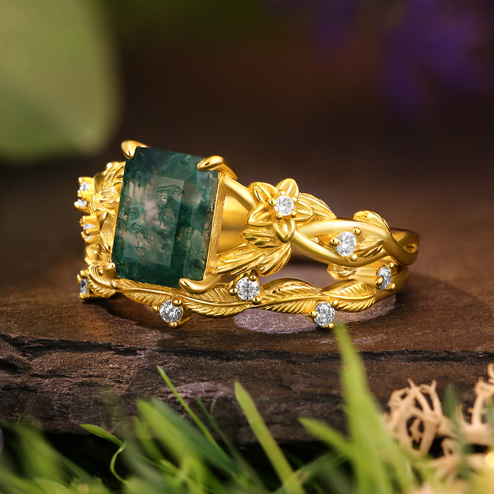 6*8mm Vintage Emerald Cut Moss Agate  Leaf Flower Nature Inspired Unique Twisted Ring Leaf Band Bridal Set