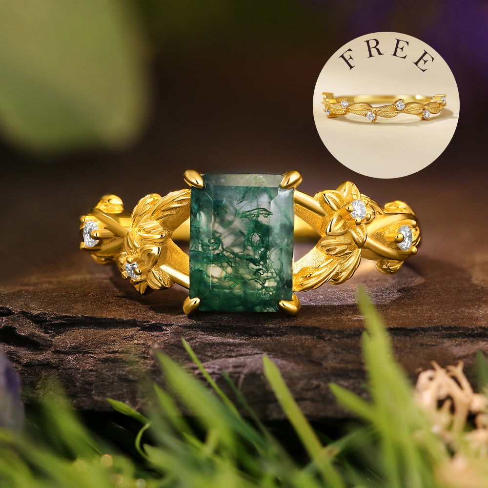 [Buy 1 Get 1 Free]6*8mm Vintage Emerald Cut Moss Agate  Leaf Flower Nature Inspired Unique Twisted Ring Leaf Band Bridal Set