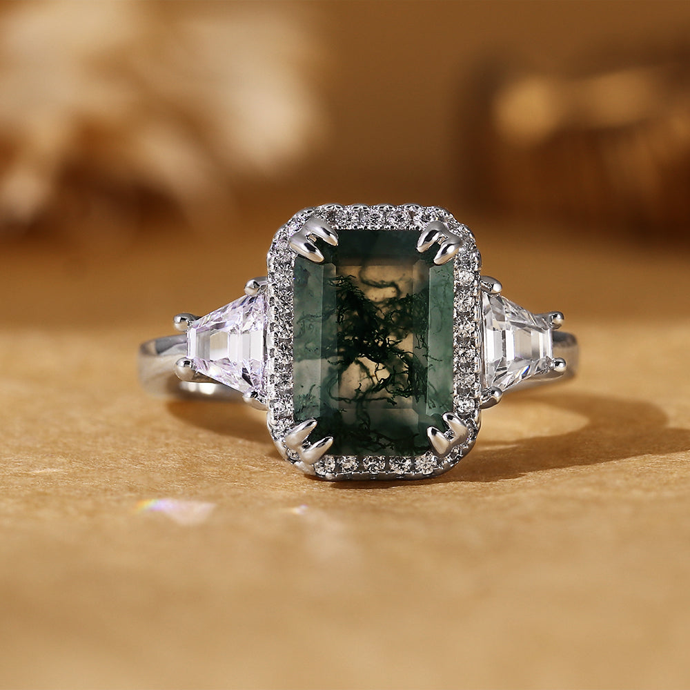 Emerald Cut Moss Agate Engagement Ring with Trillion Side Stones and Pave Halo