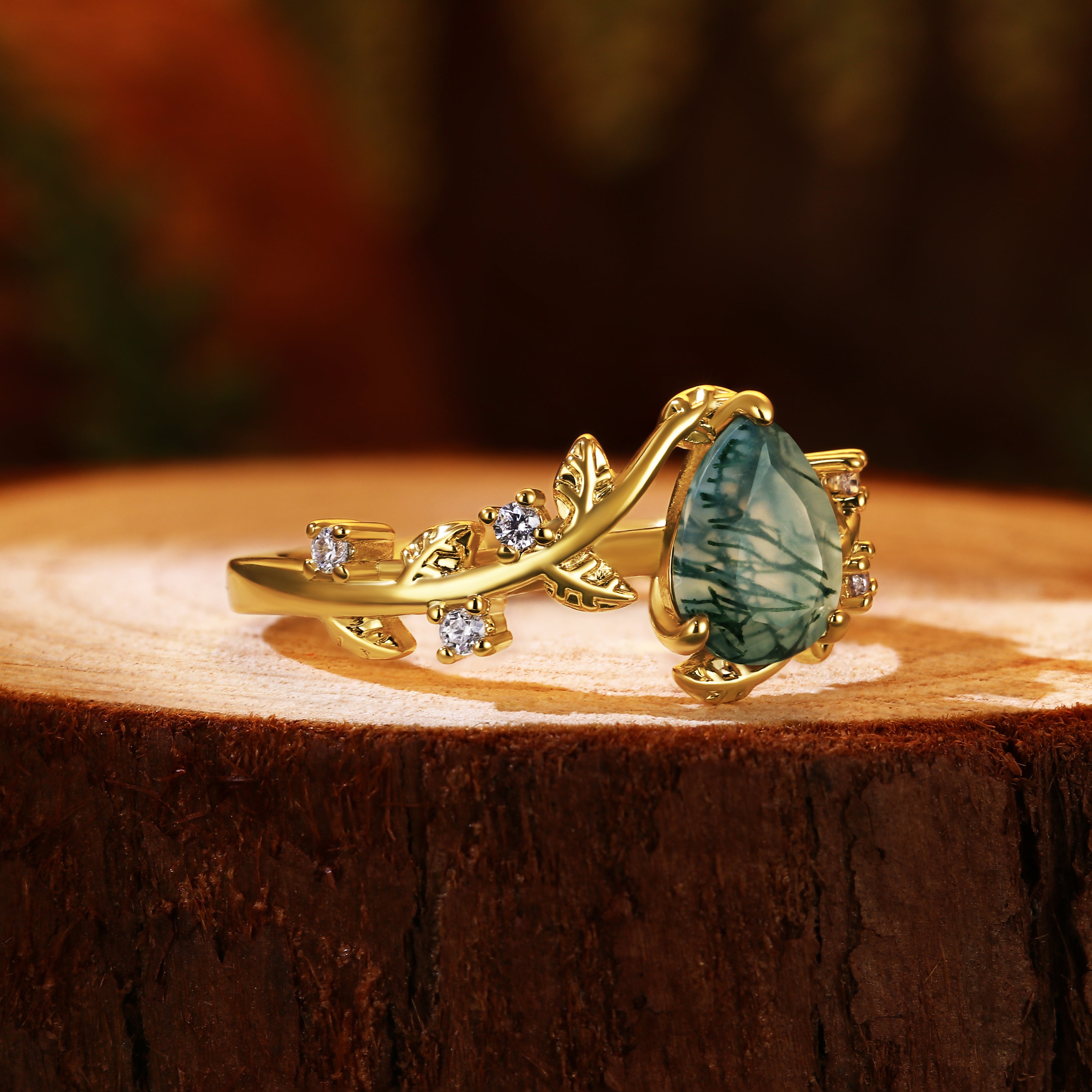 Nature Inspired Unique Forest Leaf 6x8mm Pear Cut Moss Agate Engagement Ring