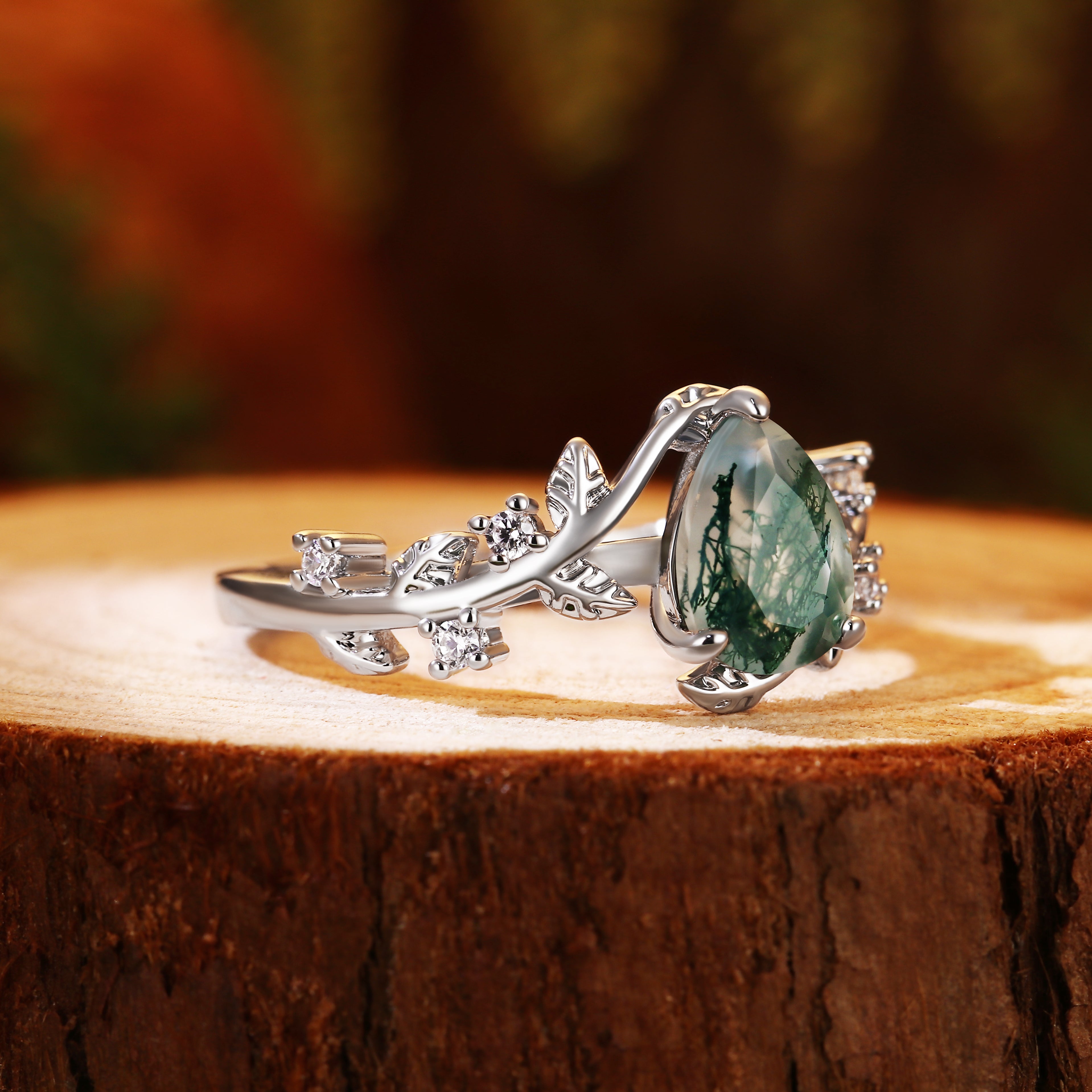 Nature Inspired Unique Forest Leaf 6x8mm Pear Cut Moss Agate Engagement Ring