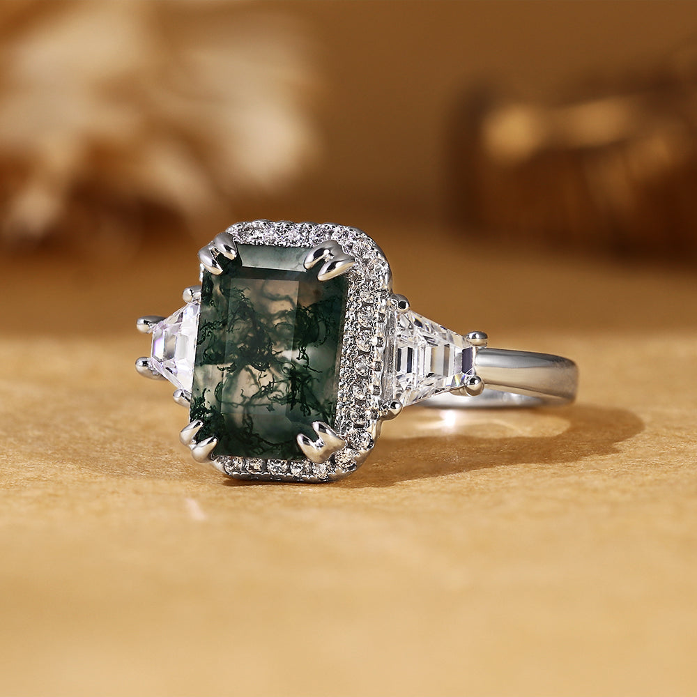 Emerald Cut Moss Agate Engagement Ring with Trillion Side Stones and Pave Halo