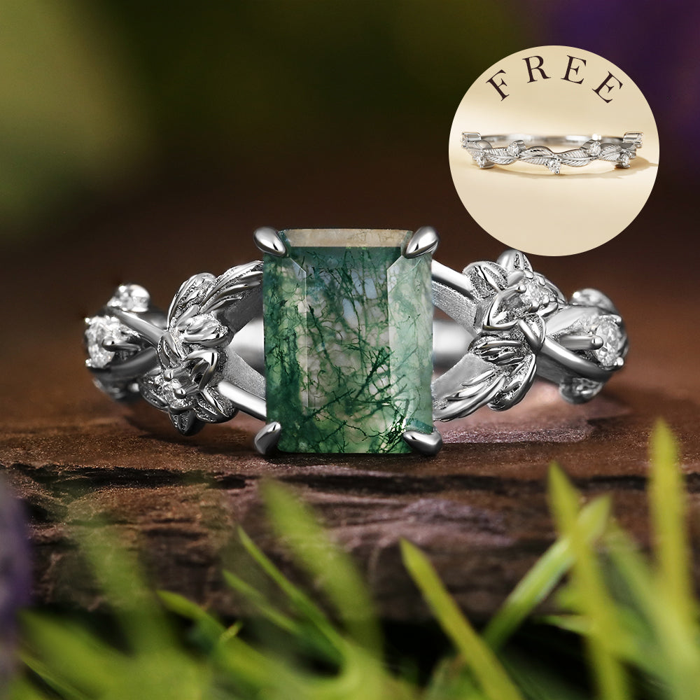 [Buy 1 Get 1 Free]6*8mm Vintage Emerald Cut Moss Agate  Leaf Flower Nature Inspired Unique Twisted Ring Leaf Band Bridal Set