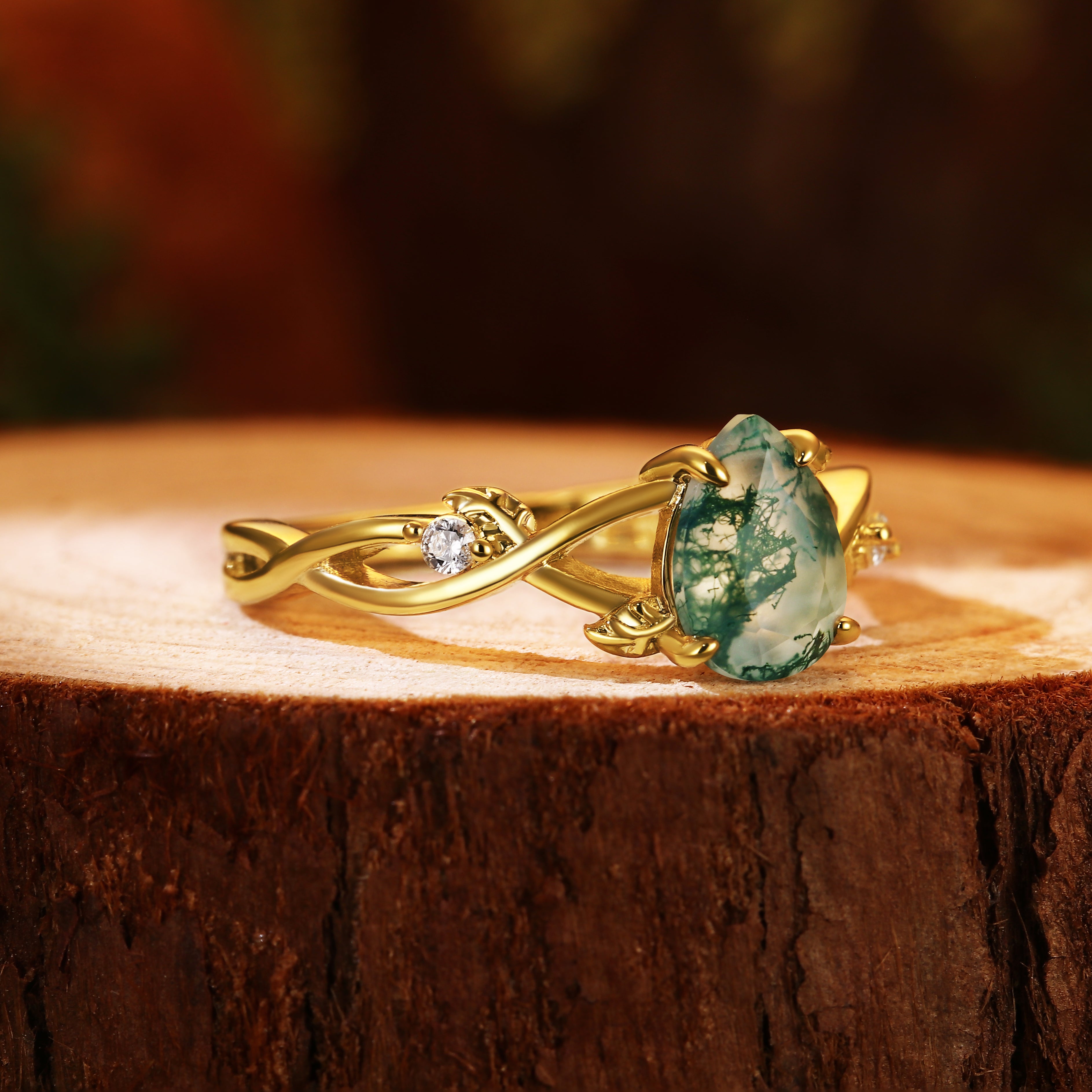 Vintage Forest 6x8mm Pear Cut Moss Agate Leaf Vine Engagement Ring