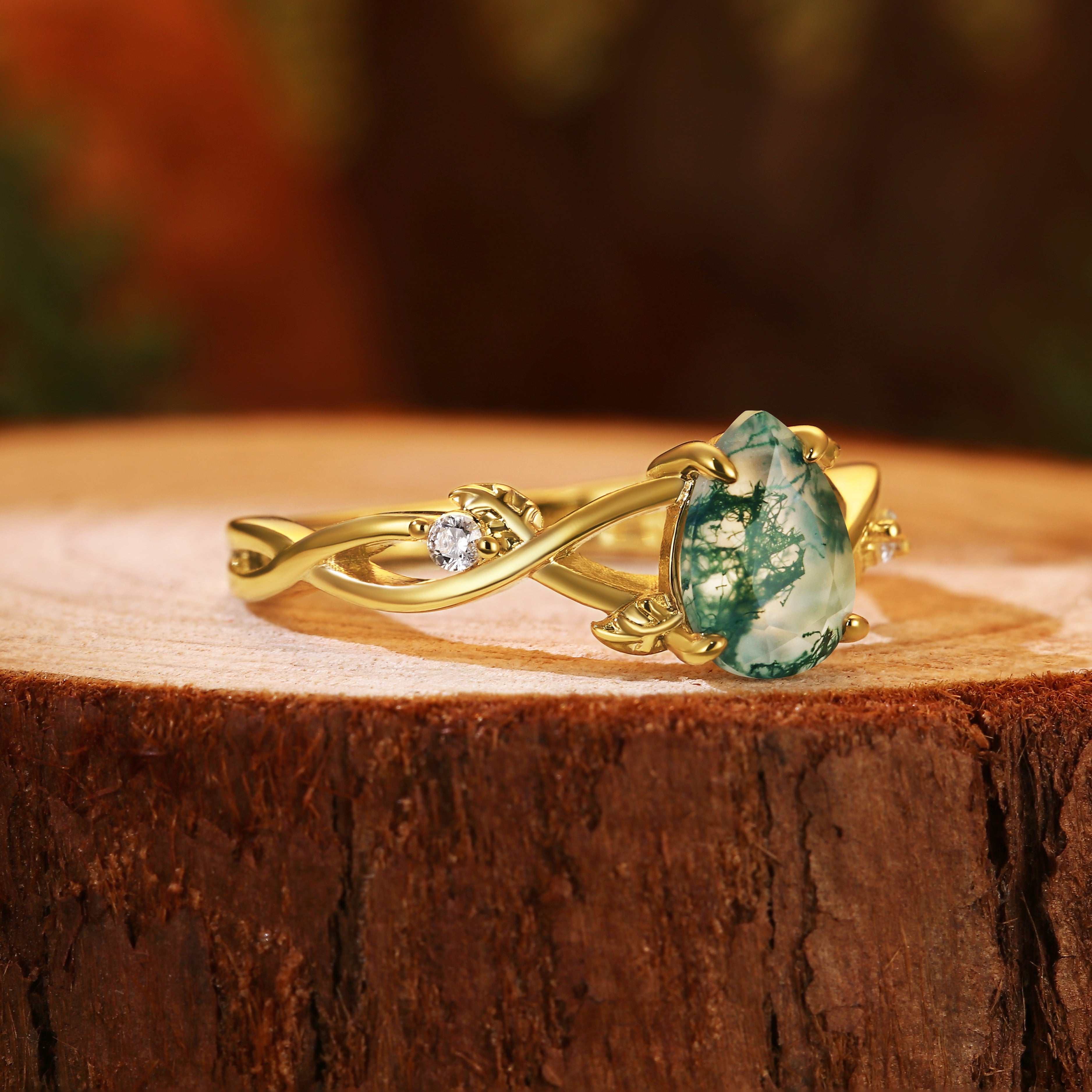 Vintage Forest 6x8mm Pear Cut Moss Agate Leaf Vine Engagement Ring