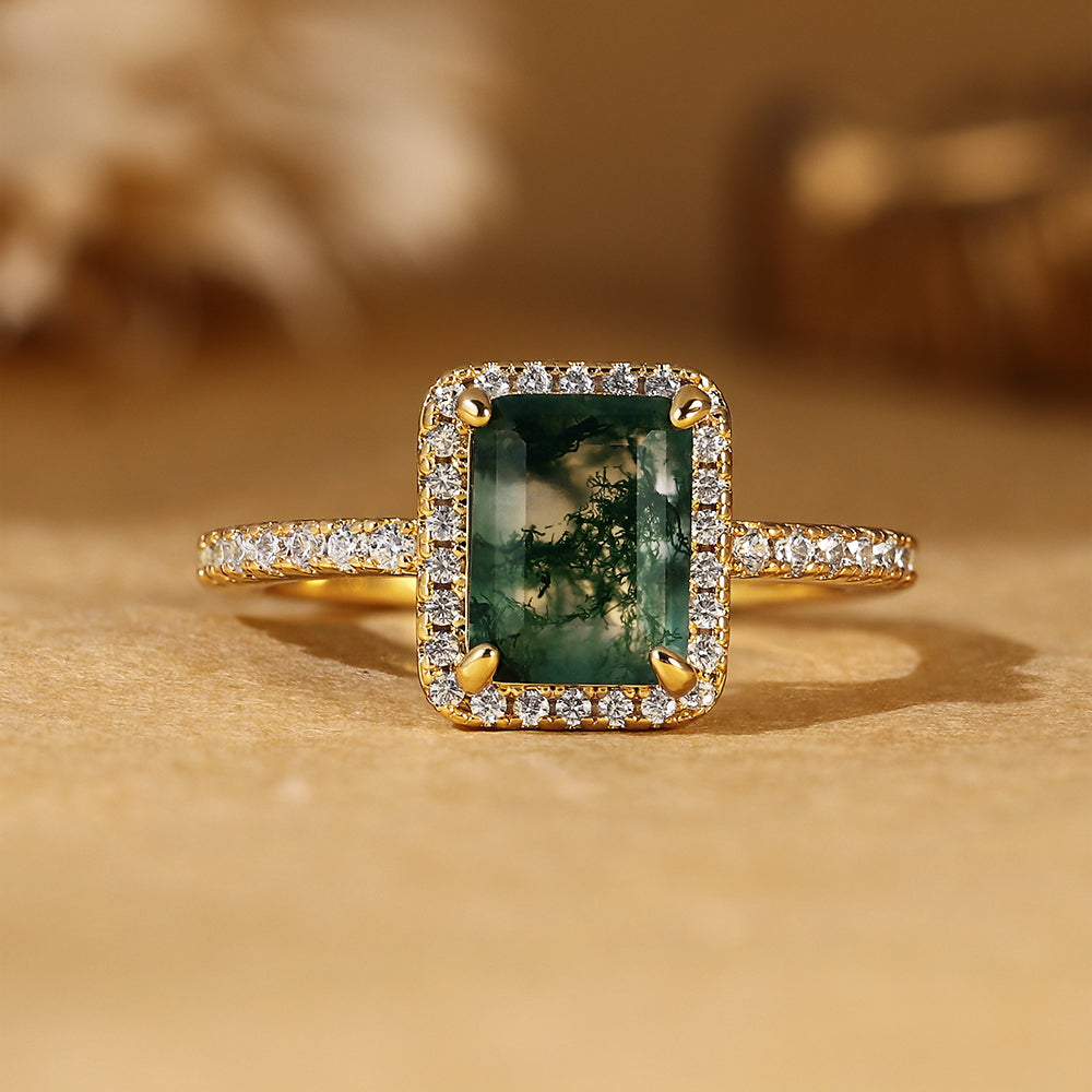 Nature Inspired Emerald Cut Moss Agate Halo Engagement Ring