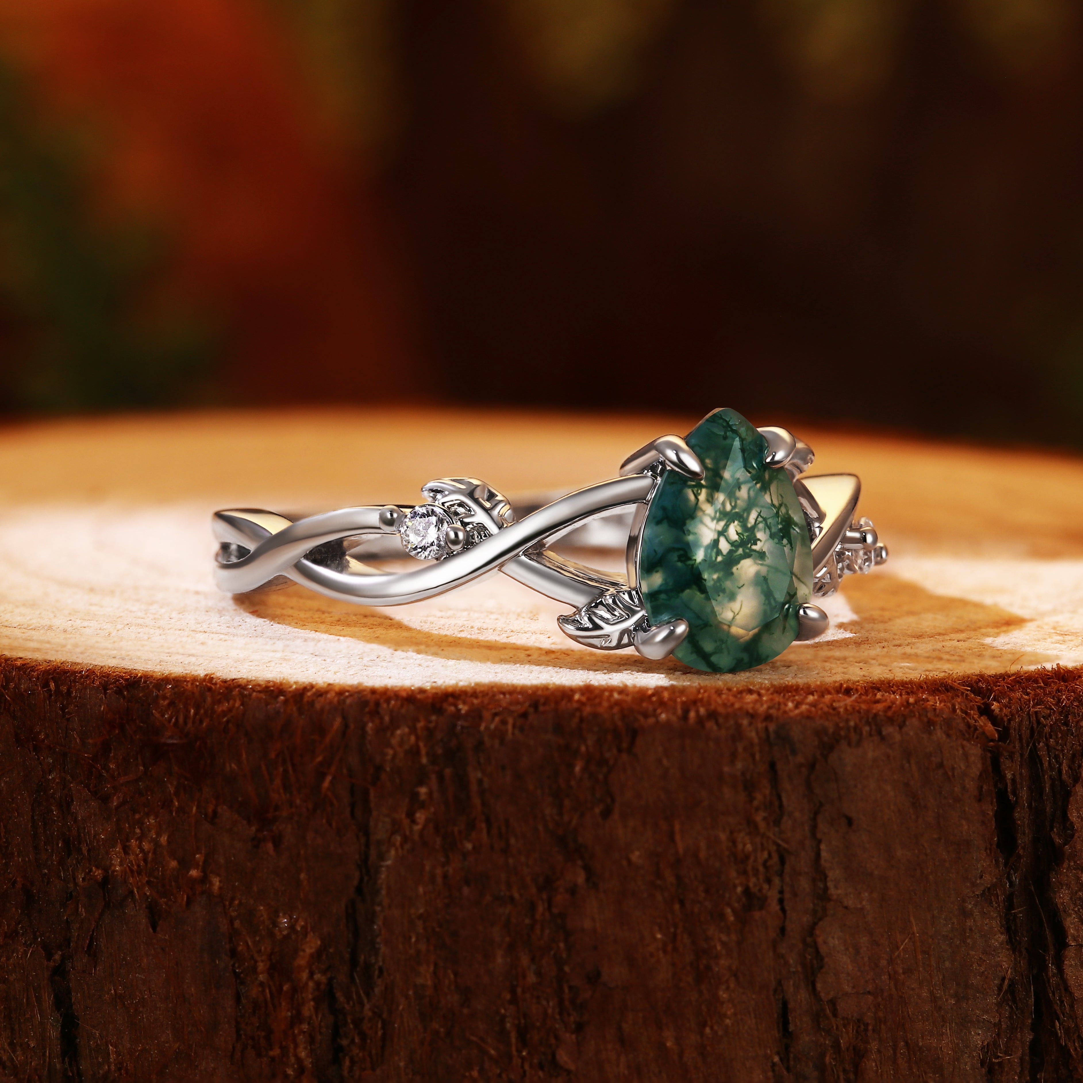Vintage Forest 6x8mm Pear Cut Moss Agate Leaf Vine Engagement Ring