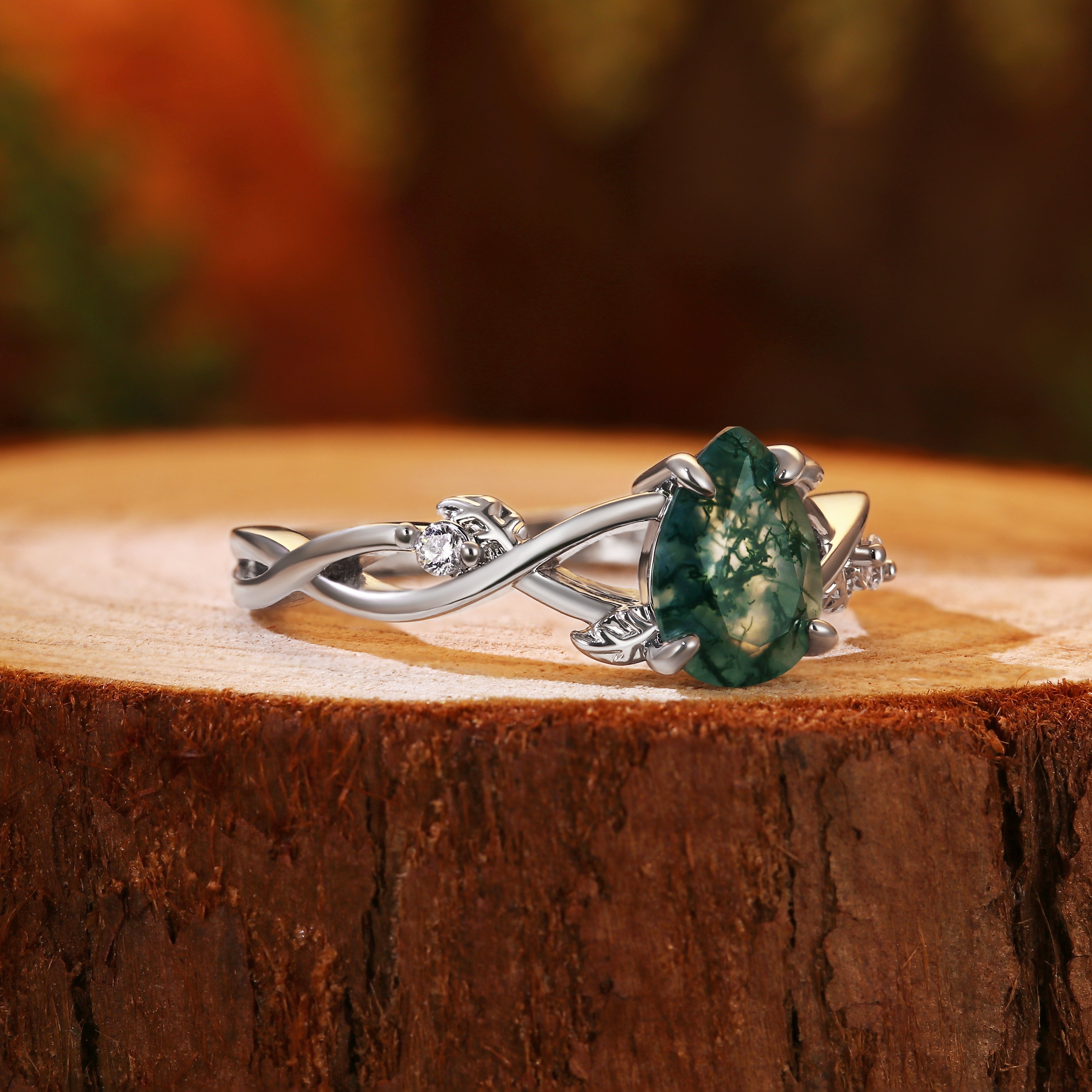 Vintage Forest 6x8mm Pear Cut Moss Agate Leaf Vine Engagement Ring