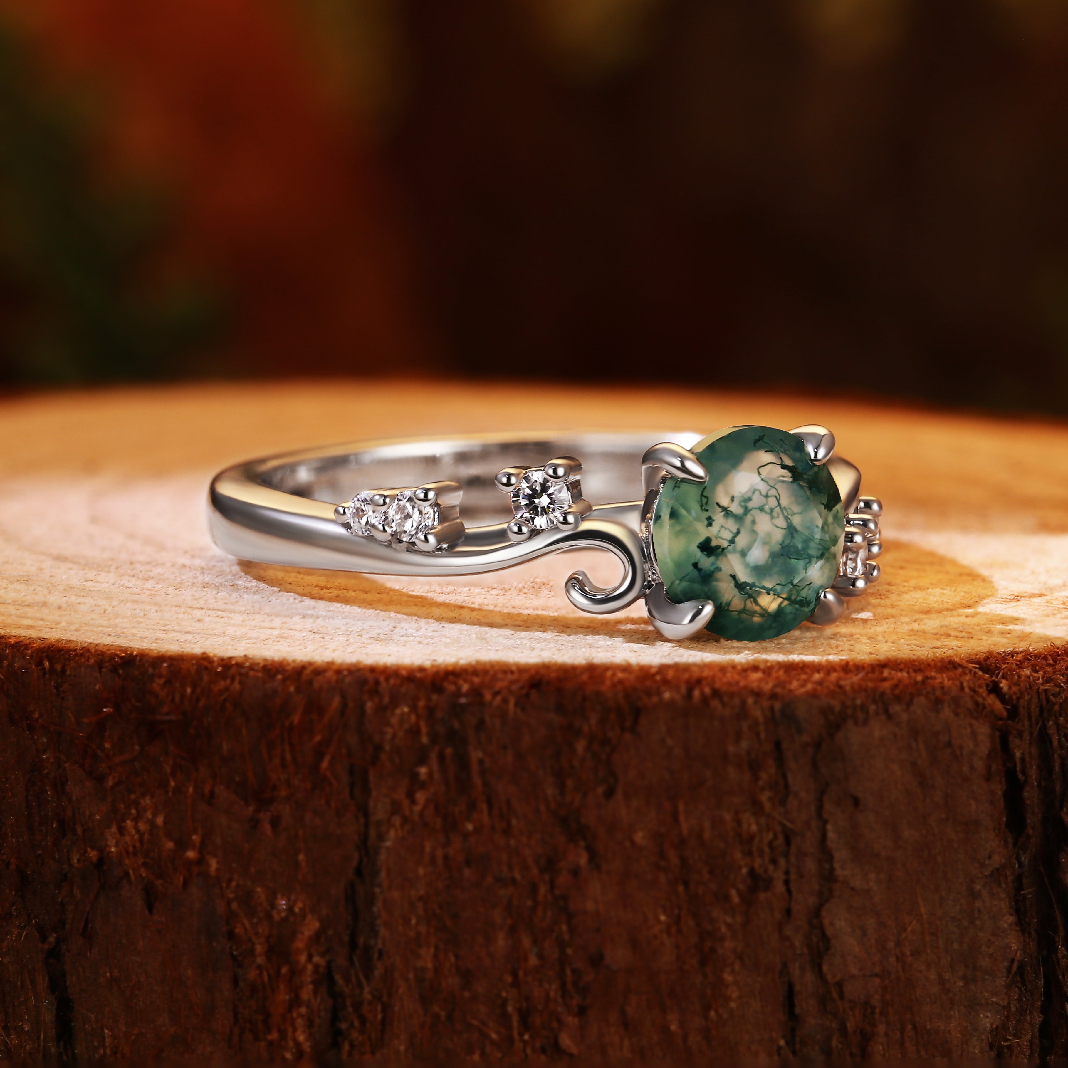 Vintage Nature Inspired Vine Style 6.5mm Round Moss Agate Engagement Ring