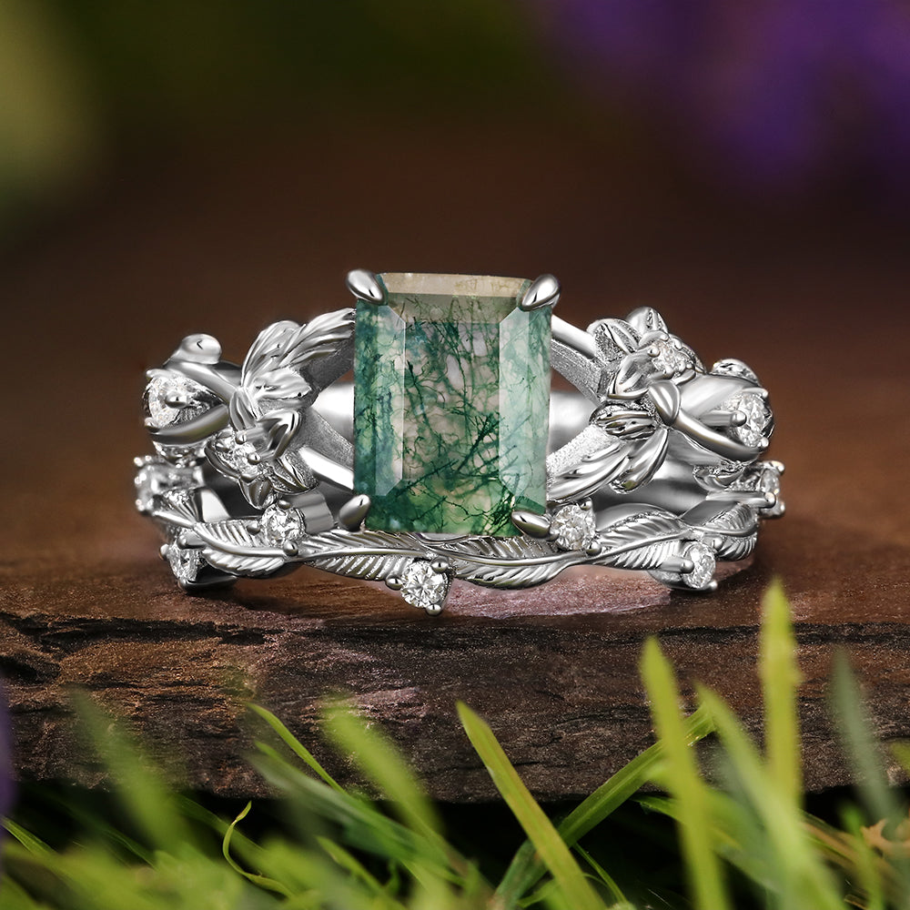 6*8mm Vintage Emerald Cut Moss Agate  Leaf Flower Nature Inspired Unique Twisted Ring Leaf Band Bridal Set