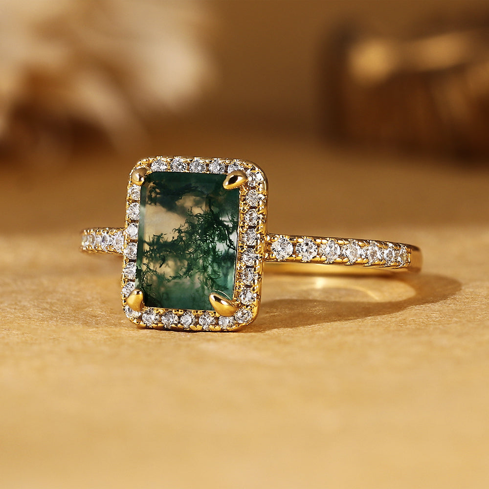 Nature Inspired Emerald Cut Moss Agate Halo Engagement Ring