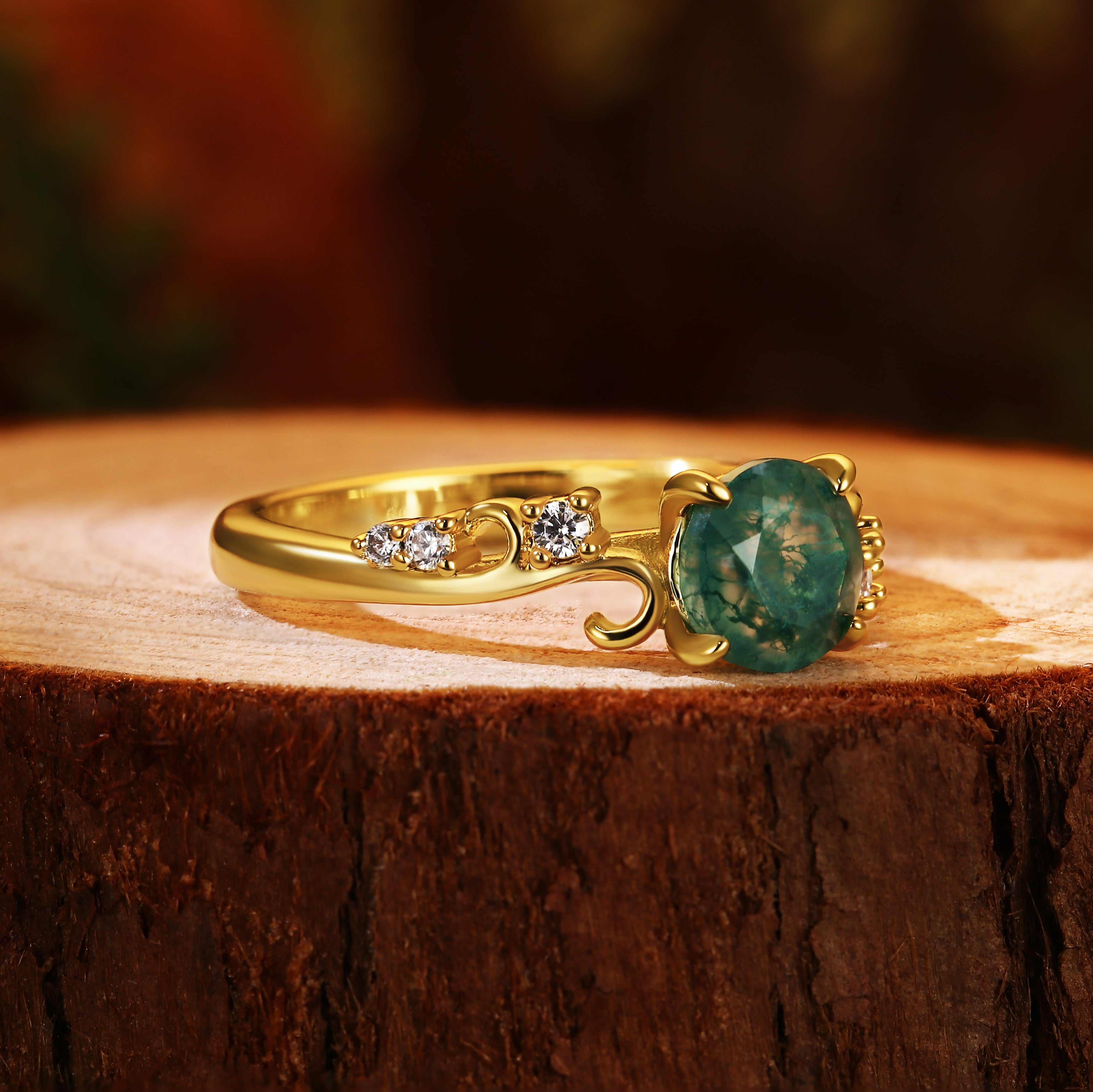 Vintage Nature Inspired Vine Style 6.5mm Round Moss Agate Engagement Ring