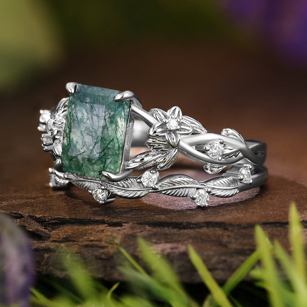6*8mm Vintage Emerald Cut Moss Agate  Leaf Flower Nature Inspired Unique Twisted Ring Leaf Band Bridal Set