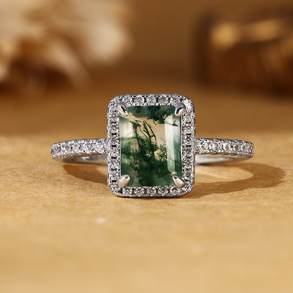 Nature Inspired Emerald Cut Moss Agate Halo Engagement Ring
