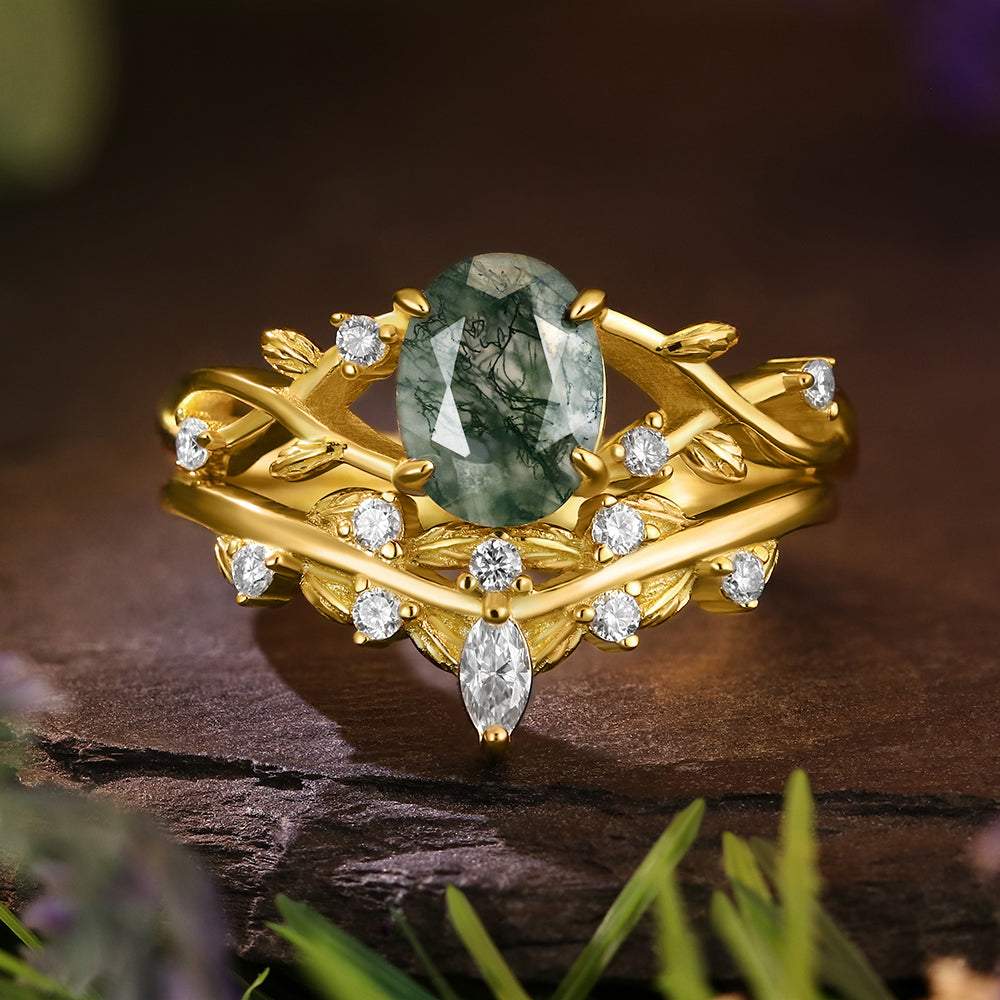 Nature inspired 6*8mm Oval Cut Moss Agate Twisted Ring Five Stone Anniversary Wedding Ring Bridal Set