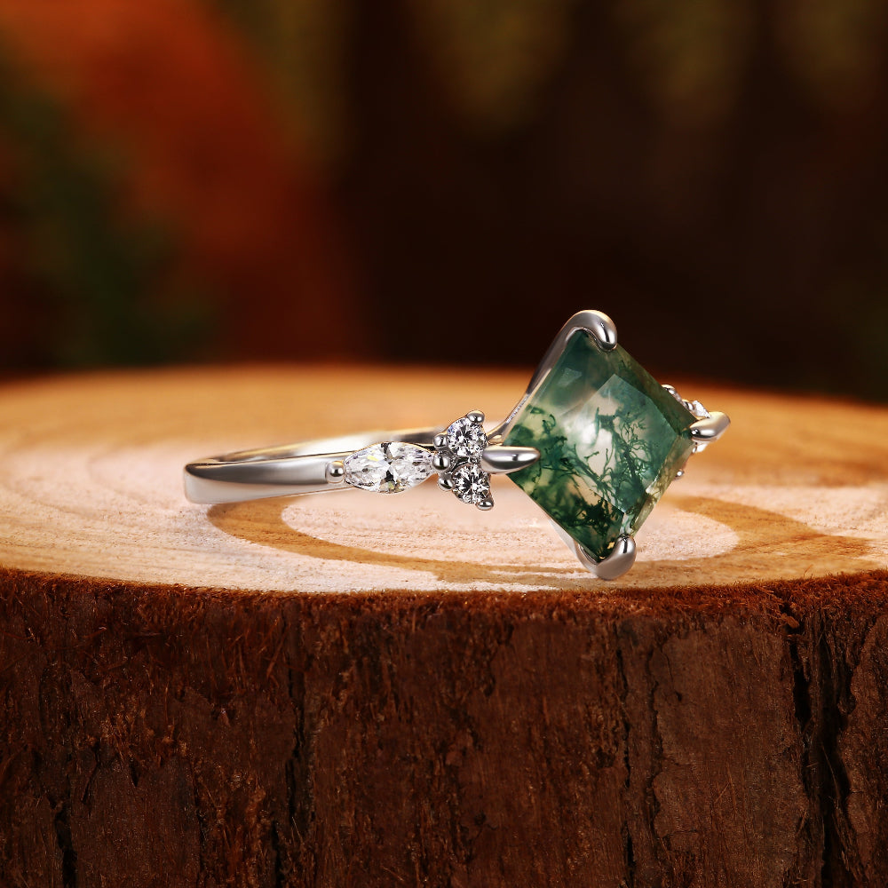 Nature Inspired 7x7mm Princess Cut Agate Engagement Ring