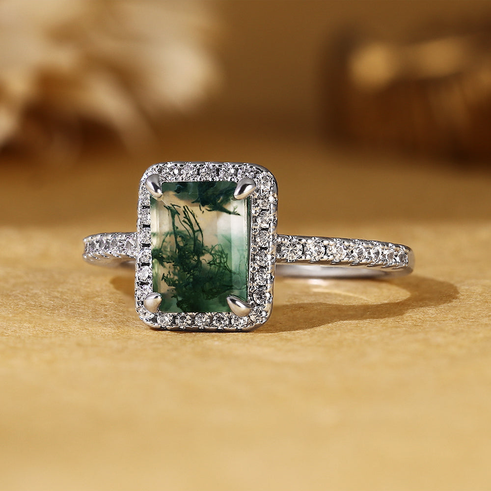 Nature Inspired Emerald Cut Moss Agate Halo Engagement Ring