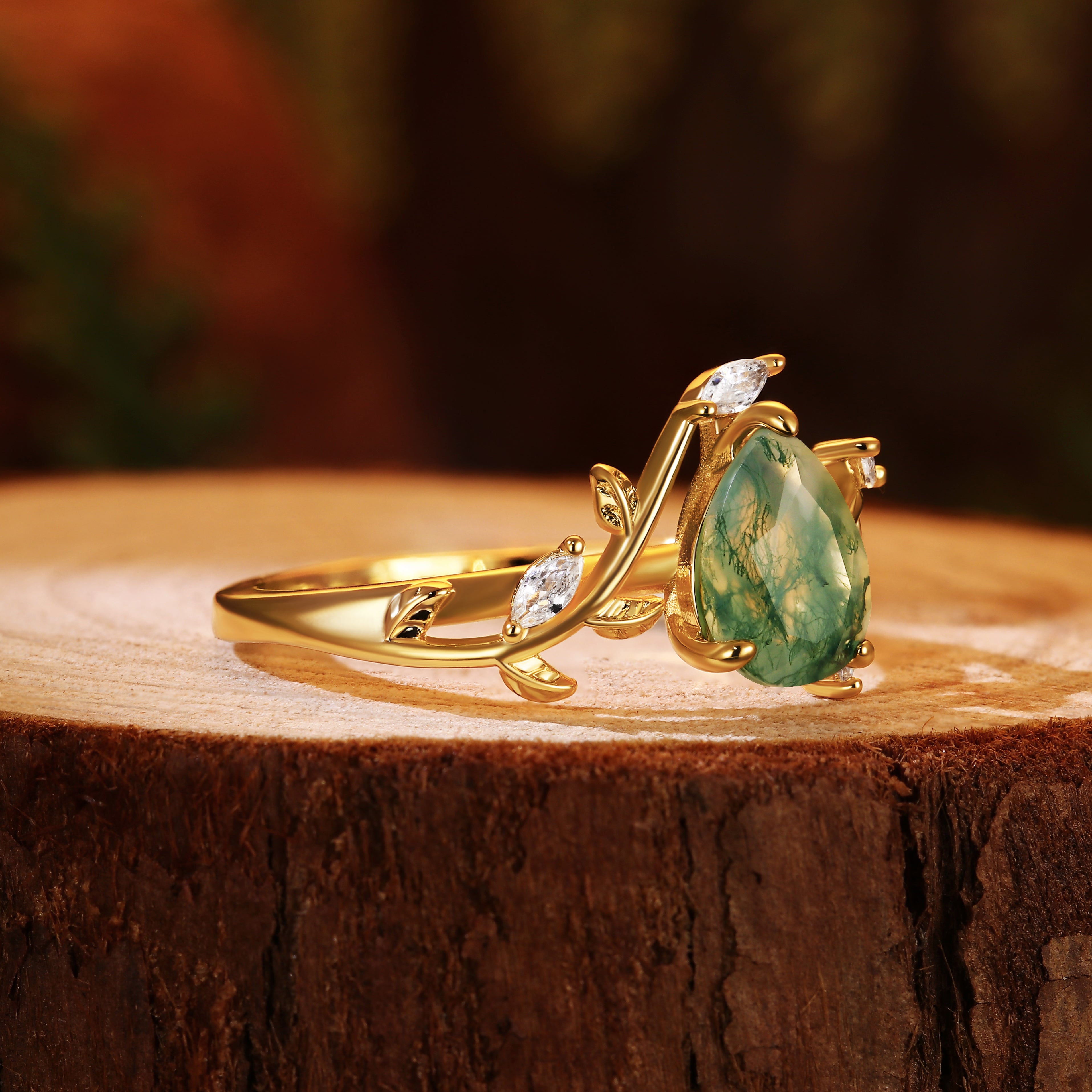 Nature Inspired Vine & Leaf 6x8mm Pear Cut Moss Agate Engagement Ring