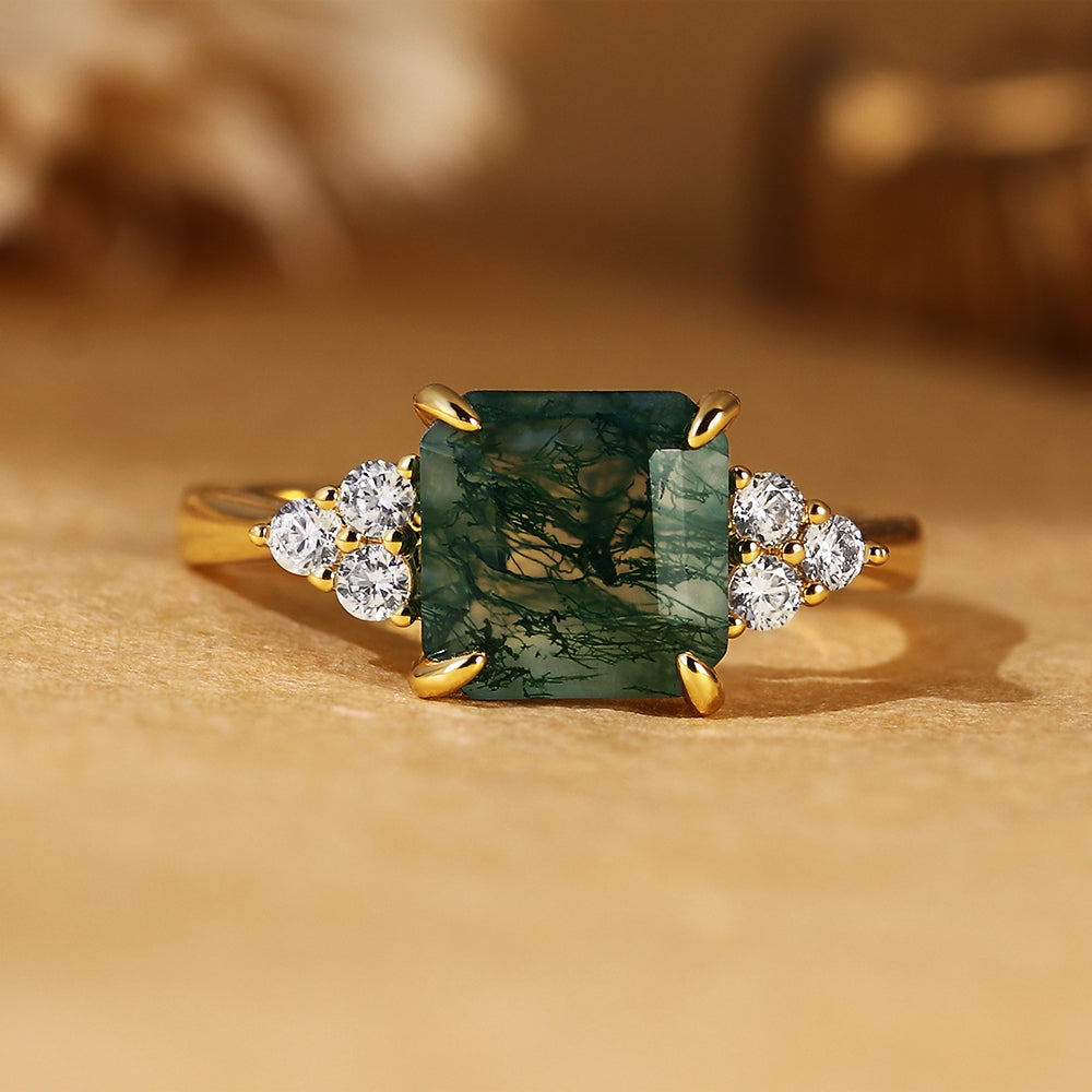 Princess Cut Moss Agate Engagement Ring with Cluster Side Accent Stones
