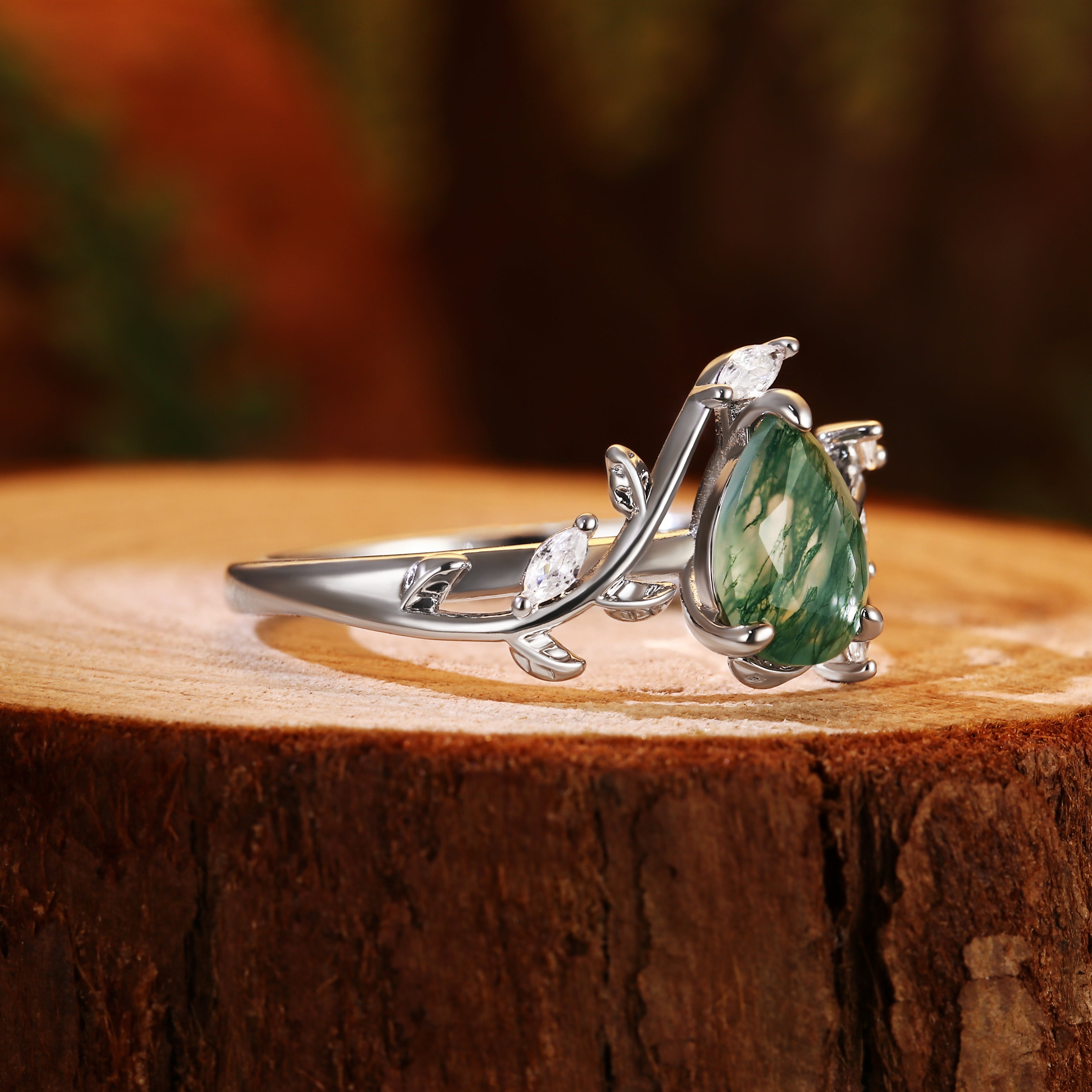 Nature Inspired Vine & Leaf 6x8mm Pear Cut Moss Agate Engagement Ring