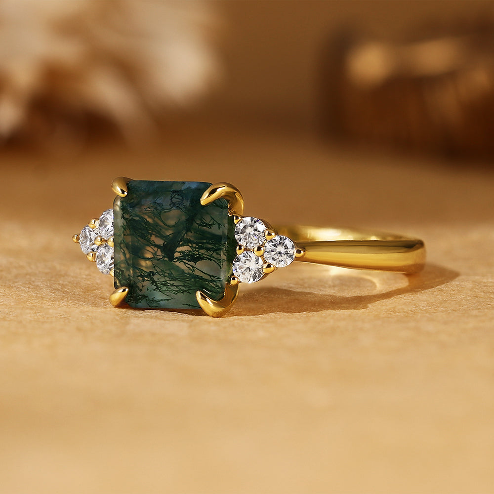 Princess Cut Moss Agate Engagement Ring with Cluster Side Accent Stones