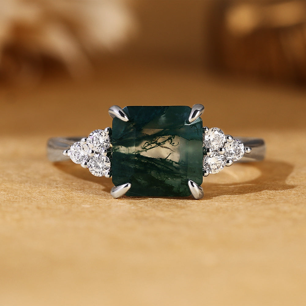Princess Cut Moss Agate Engagement Ring with Cluster Side Accent Stones