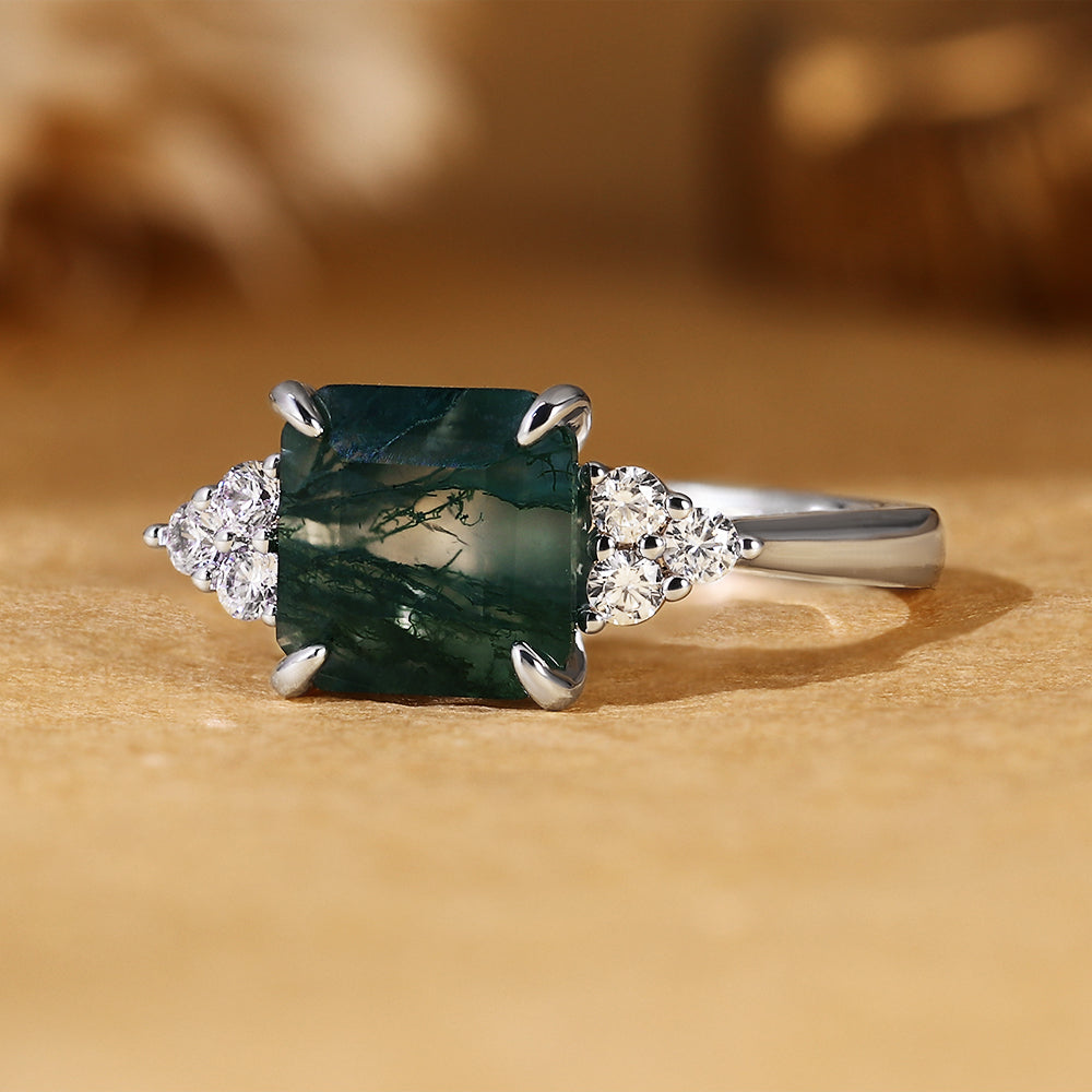 Princess Cut Moss Agate Engagement Ring with Cluster Side Accent Stones