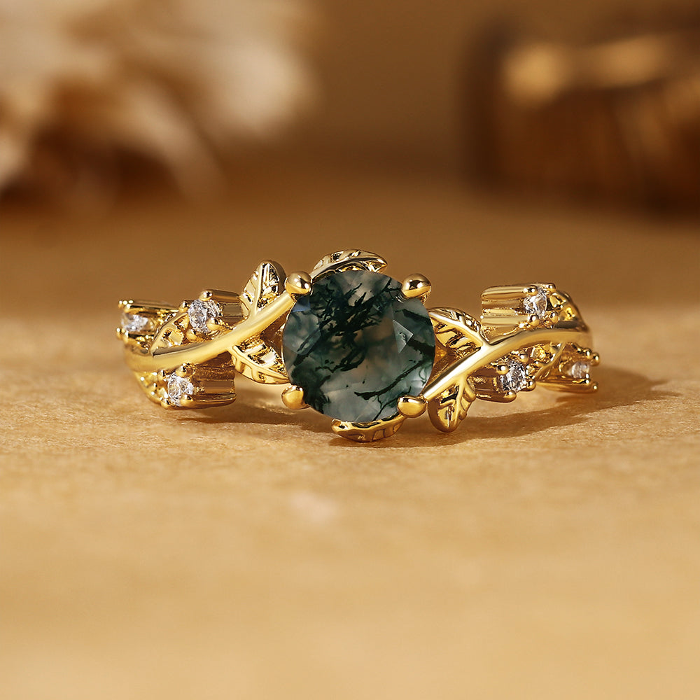 Round Cut Moss Agate Nature Inspired Twig and Leaf Engagement Ring