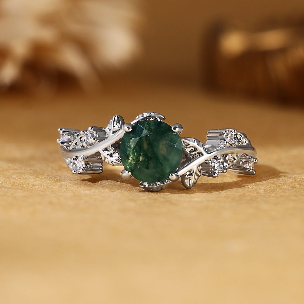 Round Cut Moss Agate Nature Inspired Twig and Leaf Engagement Ring