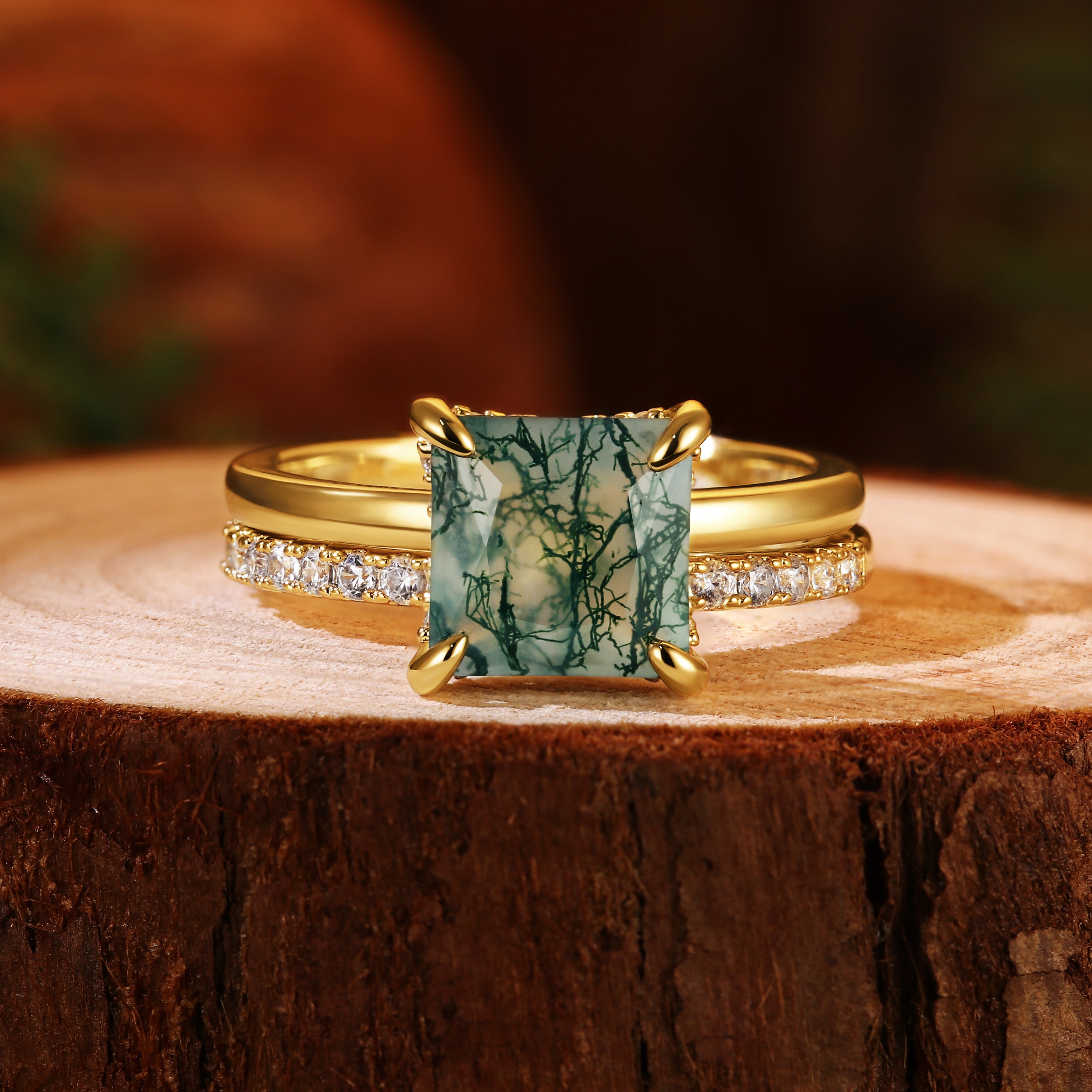 8X8mm Princess Cut Moss Agate Bridal Ring Set for Women, 2PCS Square Green Agate Hidden Halo Engagement Ring with Moissanite Band